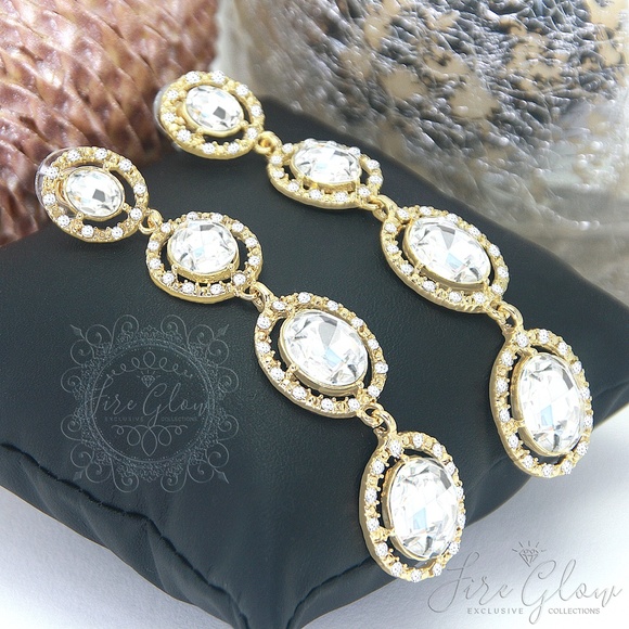 Gold Tiered Gem and Stud Dangling Earrings - Picture 6 of 8